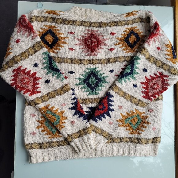 LL Bean Southwestern Print 100% Cotton Crew Neck Sweater Size L - Picture 2 of 7